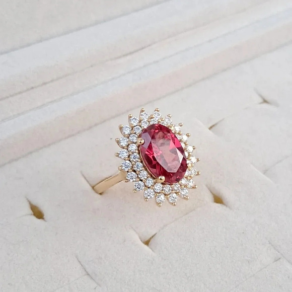 Padparadscha Sapphire & Genuine Moissanite Double Halo Ring. - Picture 7 of 10